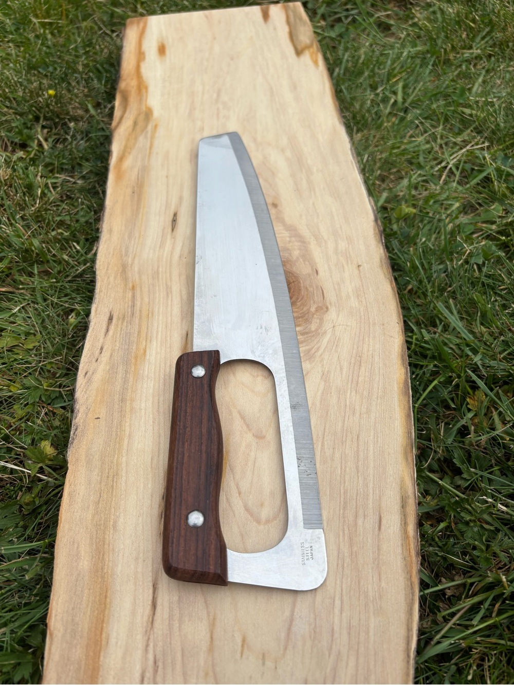 Vintage Wood-Handled Mezzaluna / Herb Knife - Brown and Silver